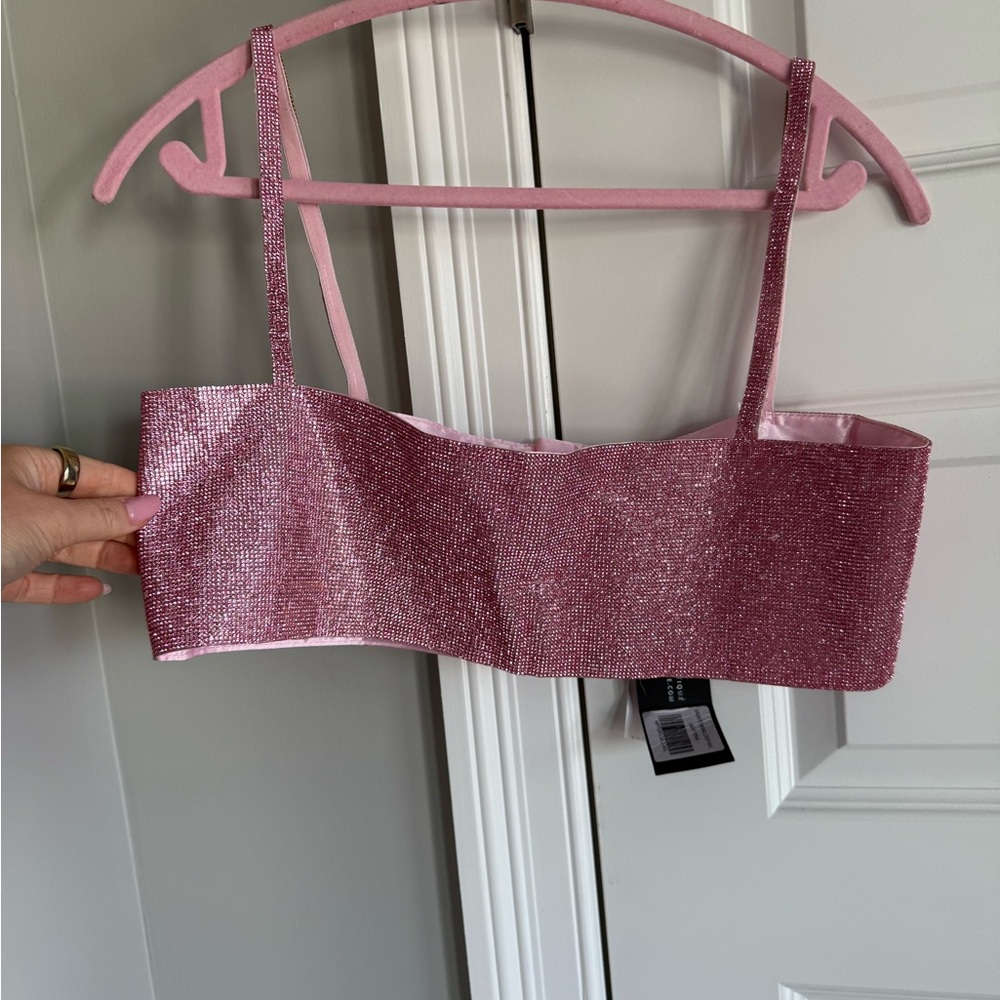 White Fox Pink Rhinestone Crop Top